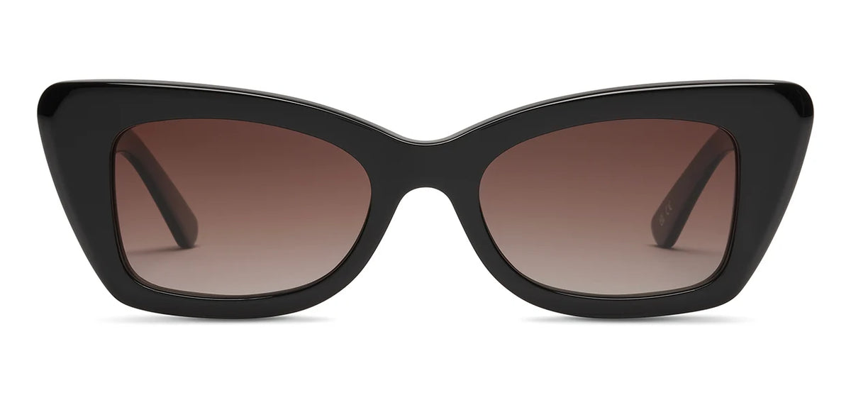 The SALT. Tory by SALT. are black cat-eye sunglasses with thick frames, crafted from premium Japanese acetate and featuring dark, gradient polarized optical lenses, shown against a white background.