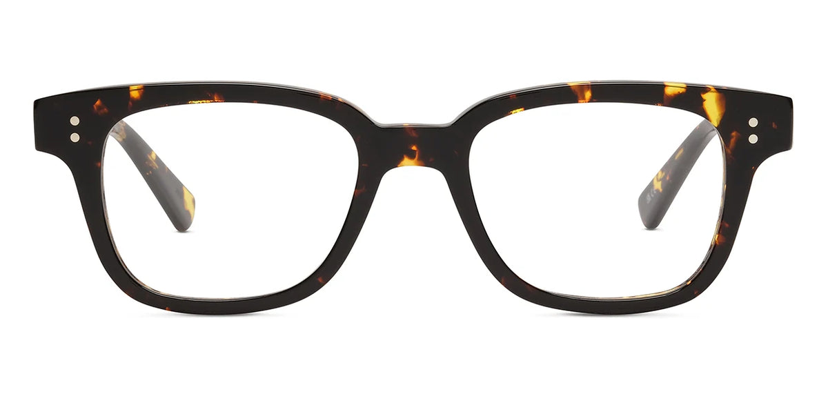The SALT. Max by SALT. are rectangular tortoiseshell eyeglasses featuring a bold, thick frame with slightly rounded edges. Handcrafted in Japan, these frames showcase a brown and amber mottled pattern and are accented by two small silver dots near each hinge.