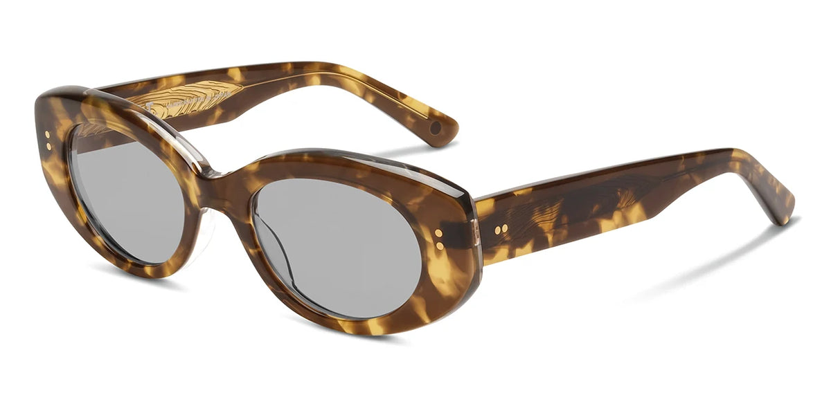 SALT. Cass sunglasses by SALT. feature an oval tortoiseshell frame crafted from premium Japanese acetate with a distinctive brown and yellow marbled pattern. The curved arms complement the stylish design, while the gray polarized optical lenses provide both clarity and protection.