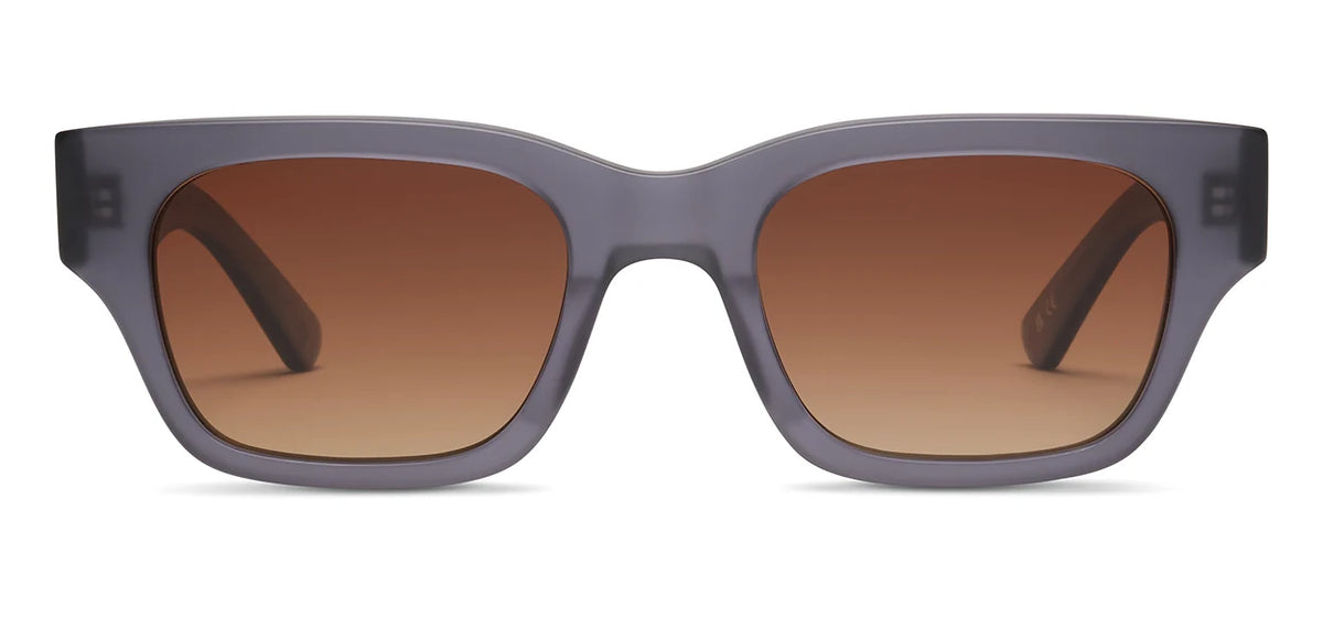 The SALT. Burnet rectangular sunglasses from SALT. showcase thick, translucent gray Japanese acetate frames and brown-tinted polarized optical lenses, displayed from the front against a white background.