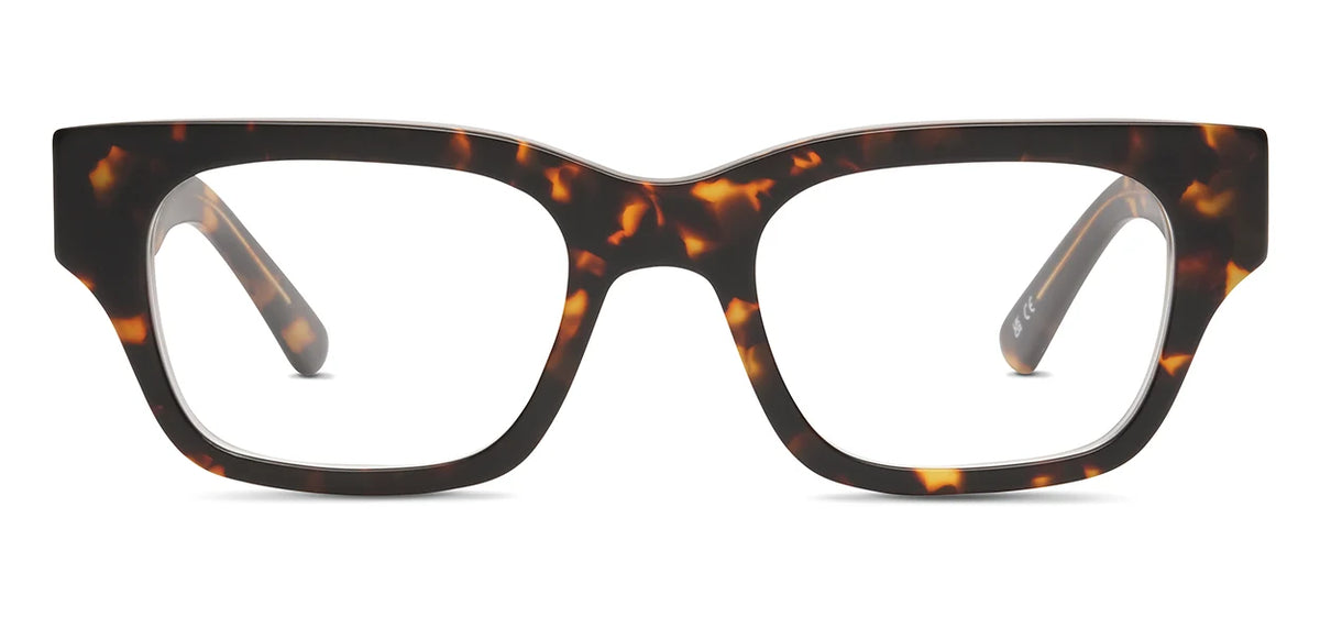 Rectangular eyeglasses with thick, glossy, dark brown tortoiseshell frames and clear lenses, crafted from high-quality Japanese acetate, the SALT. Burnet by SALT. is shown from the front on a white background.