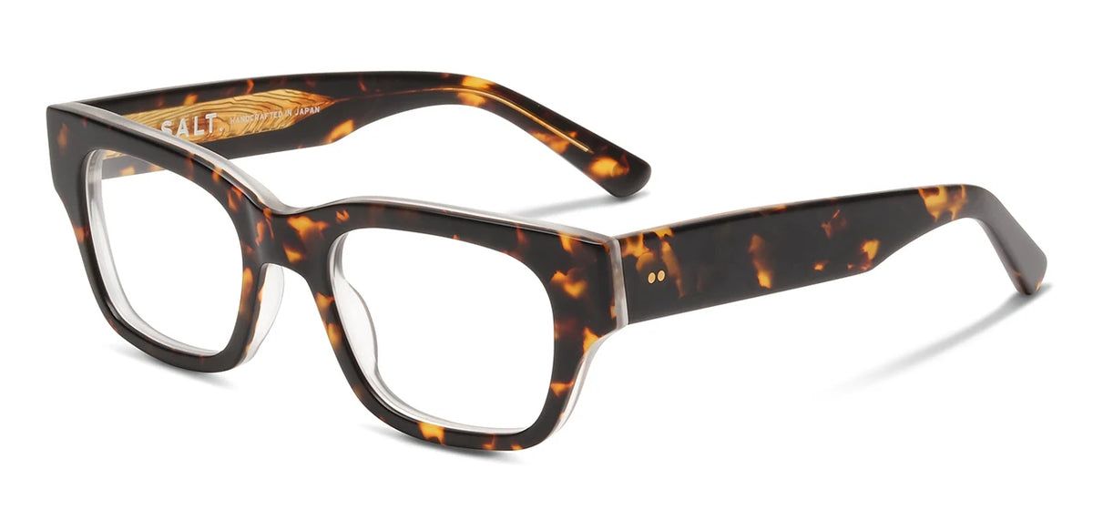 The SALT. Burnet eyeglasses by SALT. feature a tortoiseshell-patterned, rectangular design with thick frames, expertly crafted from premium Japanese acetate for exceptional optical quality, and are displayed on a white background.