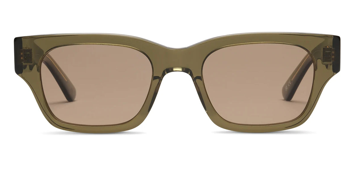 Front view of the SALT. Burnet rectangular sunglasses by SALT., featuring thick, translucent olive-green frames crafted from premium Japanese acetate and matching tinted lenses. The arms are slightly visible, extending backward from the sides.