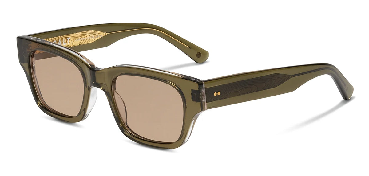 SALT. Burnet rectangular sunglasses in olive green, featuring thick frames crafted from Japanese acetate and brown tinted polarized optical lenses, displayed at an angle on a white background.