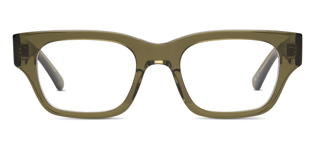 Front view of rectangular, translucent olive green SALT. Burnet eyeglasses with thick plastic frames and clear lenses. Crafted from high-quality Japanese acetate by SALT., these optical frames feature slightly curved temples visible in the background, showcasing exceptional craftsmanship made in Japan.