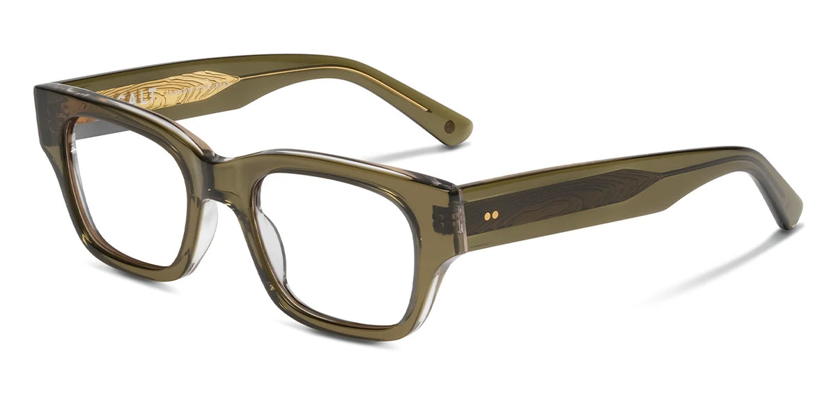 Introducing the SALT. Burnet: olive green rectangular eyeglasses with thick, translucent Japanese acetate frames and wide arms. The left arm showcases a subtle wood grain pattern and is accented by two small gold dots near the hinge, exemplifying SALT.’s attention to detail.