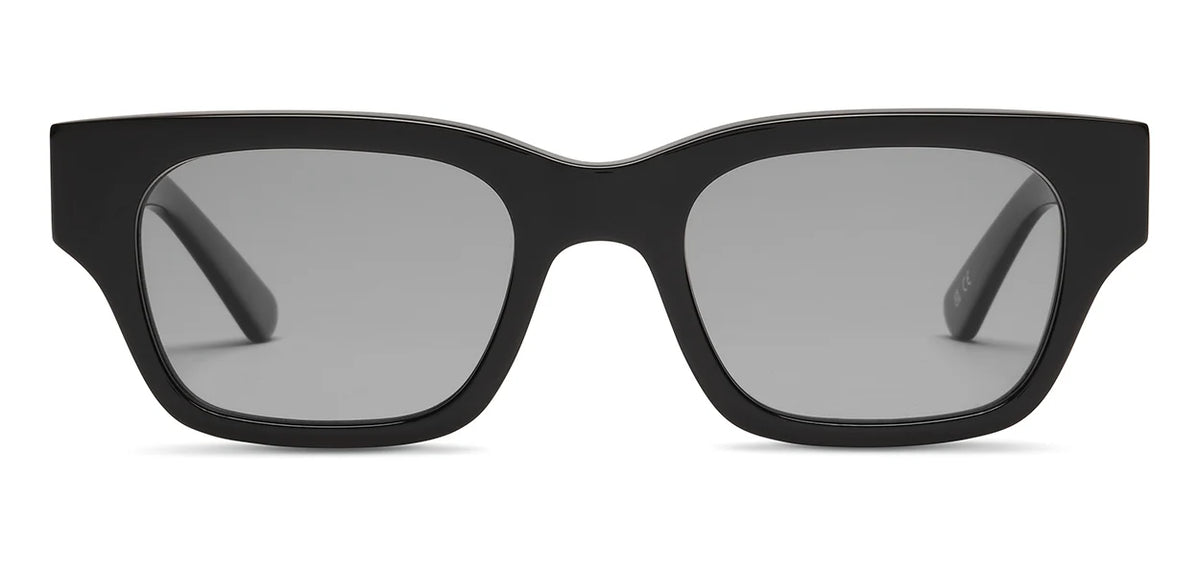 Front view of the SALT. Burnet black rectangular sunglasses by SALT., crafted from premium Japanese acetate with thick frames and dark polarized lenses, displayed against a plain white background.