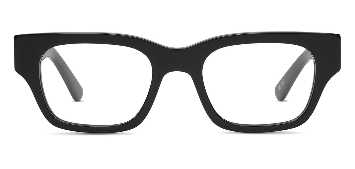 The SALT. Burnet by SALT. features black rectangular eyeglasses with thick frames, expertly crafted from high-quality Japanese acetate, shown from the front on a white background.