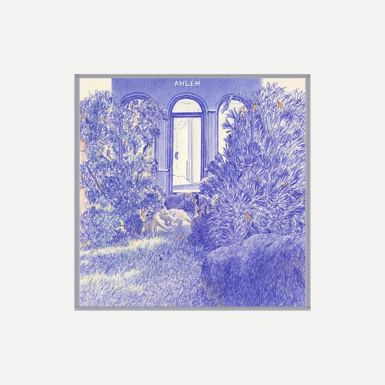 A square art print featuring a blue and white sketch of a garden scene with a dog, centered on a light gray background. The word 'AHLEM' appears at the top of the artwork.