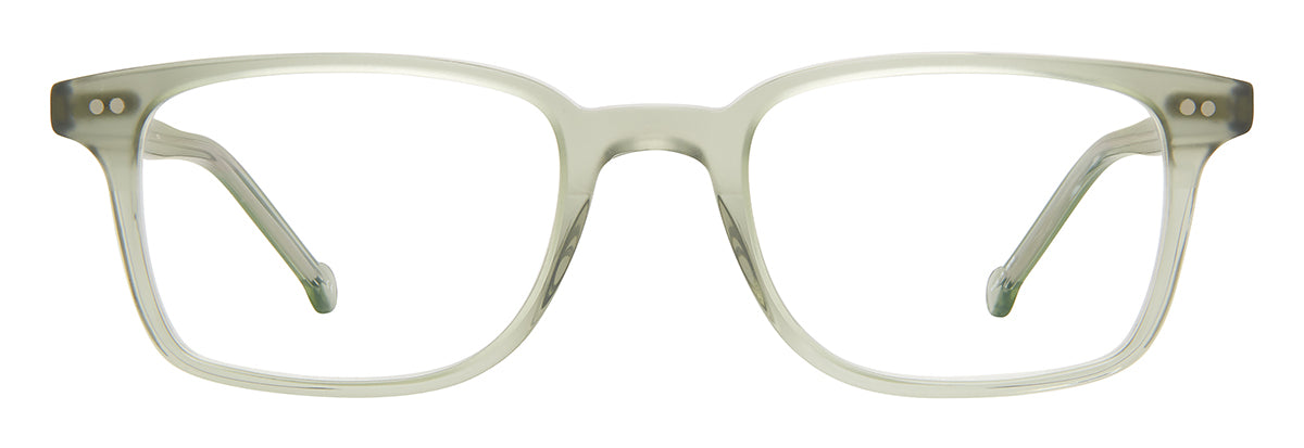 Translucent pale green rectangular optical glasses with clear lenses, subtle darker corner accents, and double-rivet detailing shown front-facing on a white background.