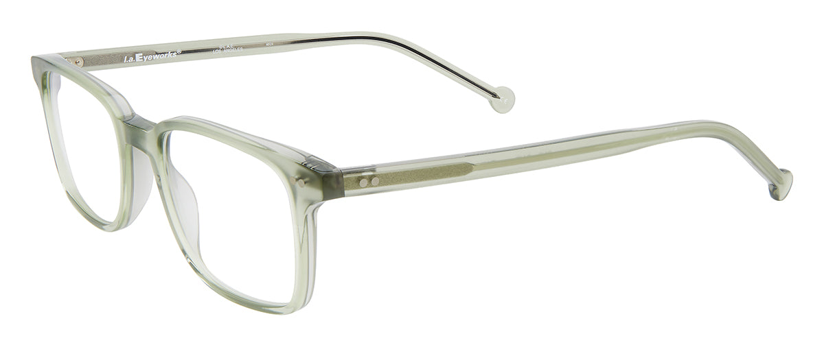 Translucent pale green rectangular optical glasses with clear lenses, darker corner accents, double-rivet details, and slim matching temples shown at an angled side view on a white background.