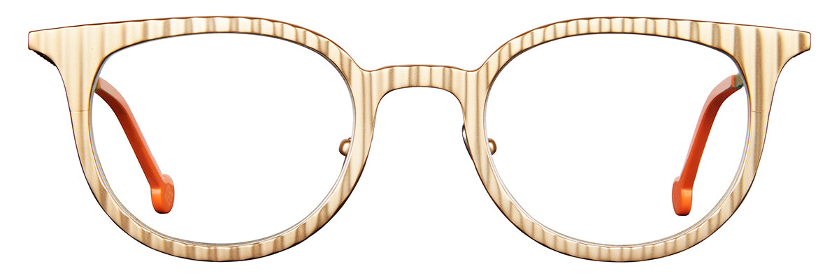 Cream and tan striped acetate optical glasses with round lenses, a keyhole bridge, and bright orange temple tips shown front-facing on a white background.