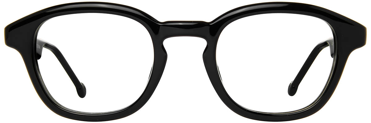 Glossy black optical glasses with rounded rectangular lenses, a keyhole bridge, and matching black temples shown front-facing on a white background.
