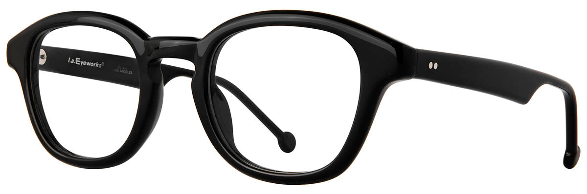 Black round optical eyeglasses with a thick acetate frame, clear lenses, and wide temples, shown at a slight angle on a white background.