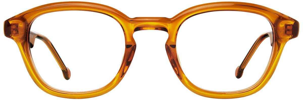 Translucent amber optical glasses with rounded rectangular lenses, a keyhole bridge, and matching amber temples shown front-facing on a white background.