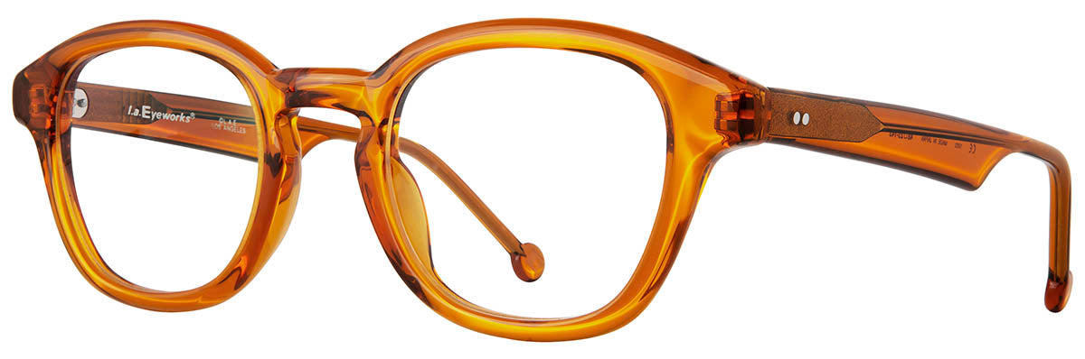 Translucent amber optical glasses with clear rounded rectangular lenses, a keyhole bridge, triple-rivet detailing, and matching amber temples shown at an angled side view on a white background.