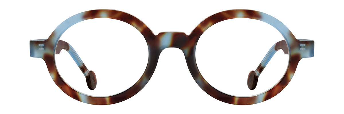 Round optical glasses in mottled brown tortoise and translucent blue acetate with clear lenses and curved temple tips shown front-facing on a white background.
