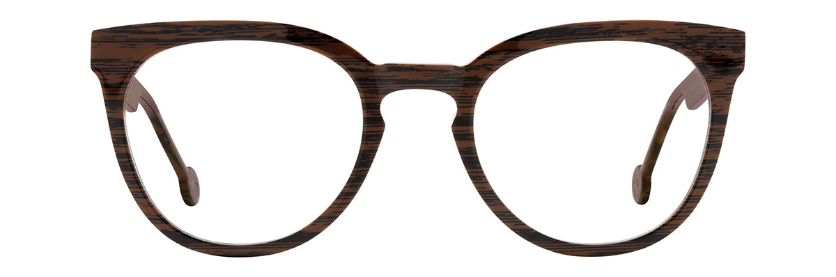 L.A. Eyeworks Aberdeen cat-eye glasses in HD acetate, featuring a dark brown, wood-grain pattern and a keyhole bridge.