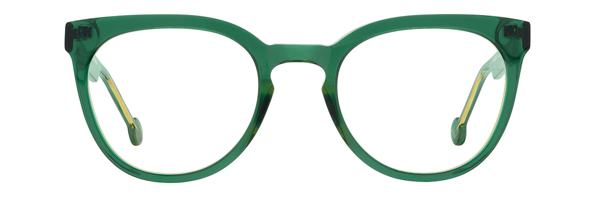 L.A. Eyeworks Aberdeen eyeglasses are handmade in Japan, featuring a transparent green round frame and a keyhole bridge.
