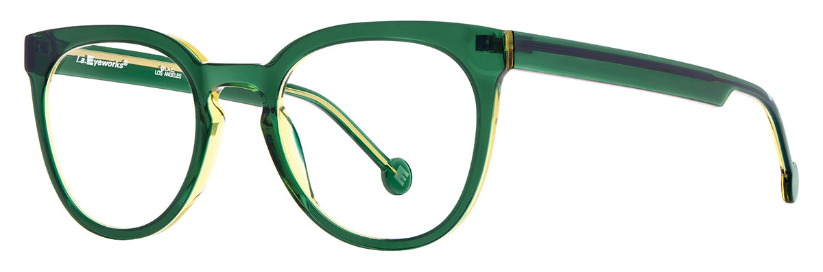 Handmade in Japan, these translucent green L.A. Eyeworks Aberdeen cat-eye glasses feature a keyhole bridge and yellow inner rims and temple tips.