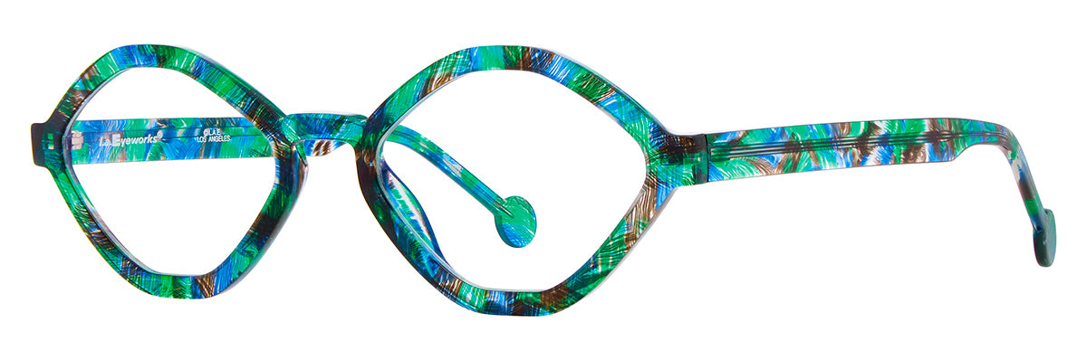 L.A. Eyeworks Playdate hexagonal-shaped eyewear featuring a patterned blue, green, and brown frame handmade in Japan.