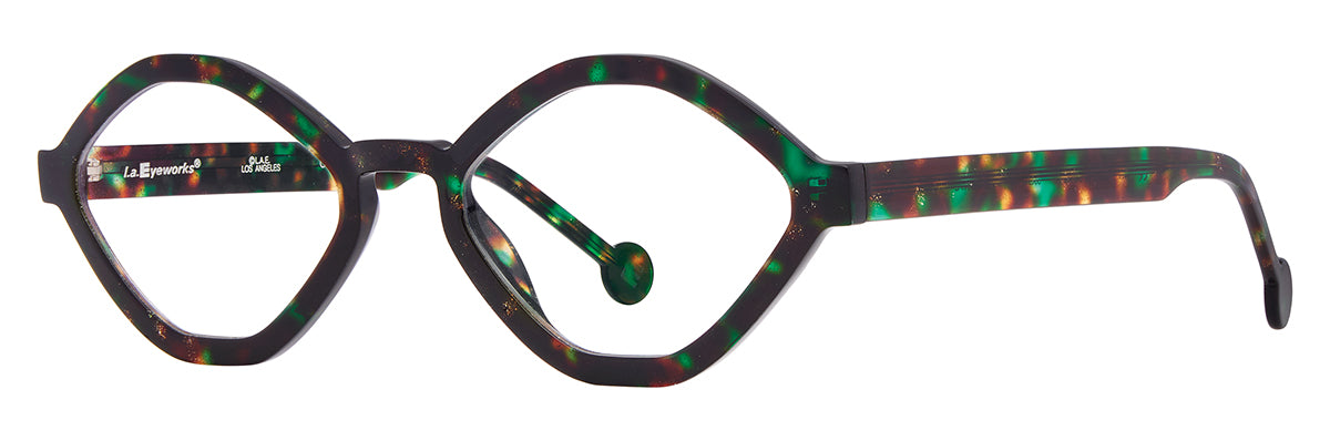 Handmade in Japan, these L.A. Eyeworks Playdate hexagonal eyeglasses feature a dark green and brown tortoiseshell pattern in HD acetate.