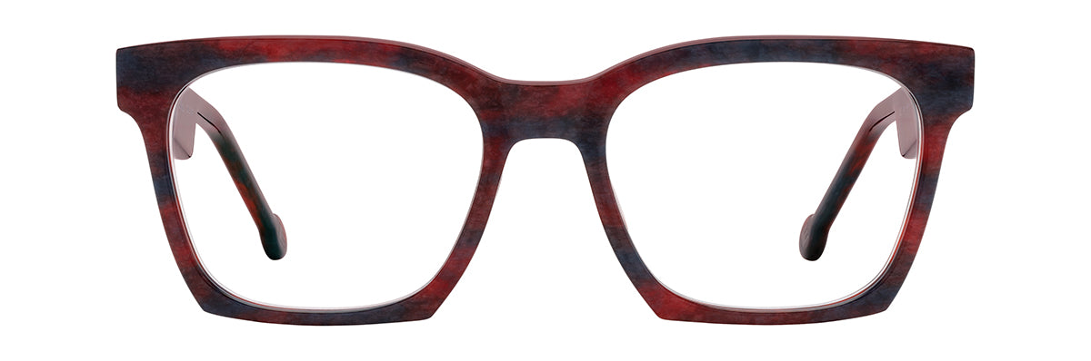 Handmade in Japan, these L.A. Eyeworks Cello acetate eyeglasses feature thick, square-shaped frames in a dark red and blue marbled pattern.