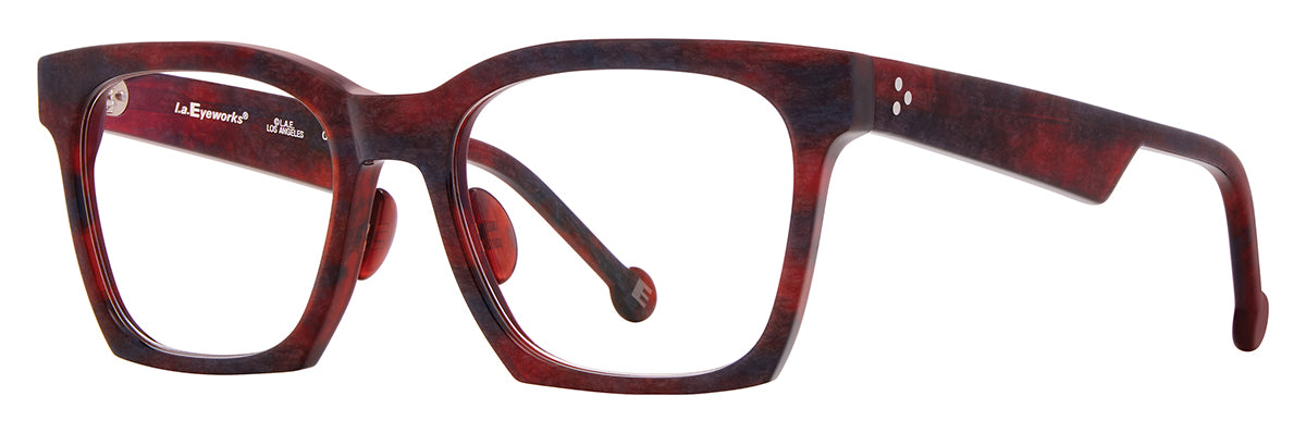 L.A. Eyeworks Cello rectangular eyeglasses, handmade in Japan, featuring a mottled red and blue acetate frame.