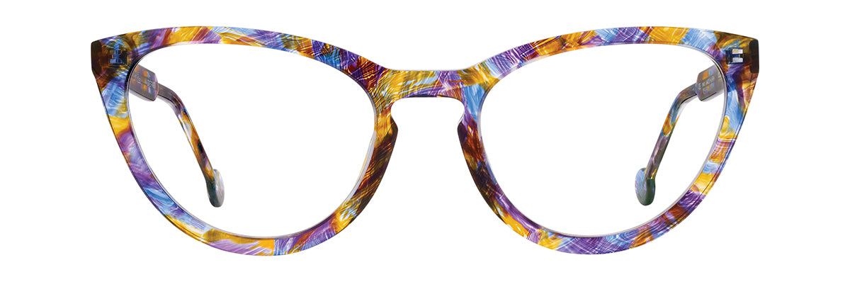 L.A. Eyeworks Corn Nut cat-eye glasses, handmade in Japan, feature a multicolored, swirled pattern of purple, yellow, and blue.