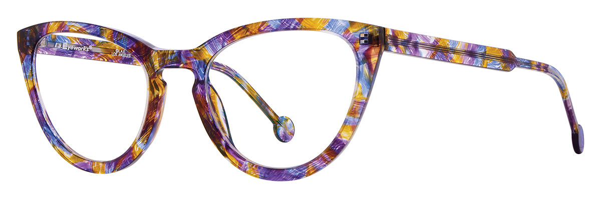 L.A. Eyeworks Corn Nut cat-eye glasses with a multicolored, HD acetate frame in shades of yellow, purple, and blue.