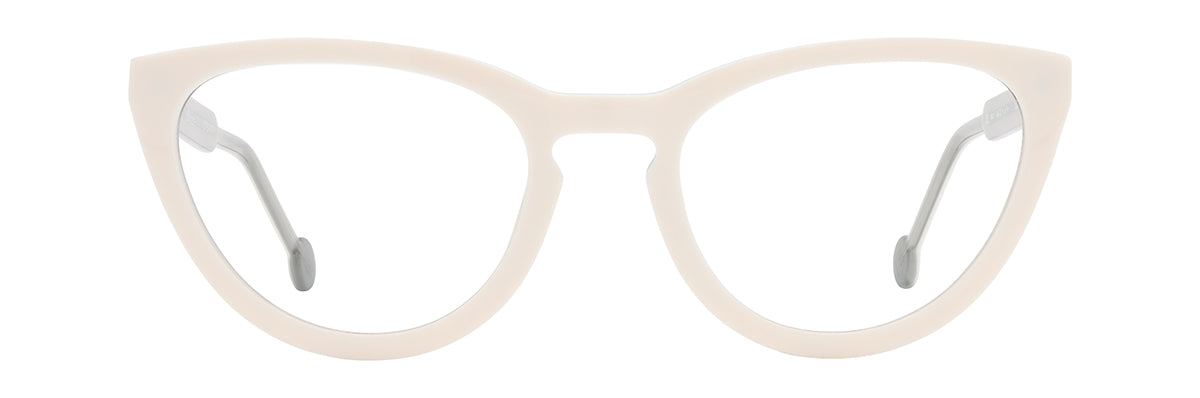 Handmade in Japan, these off-white cat-eye L.A. Eyeworks Corn Nut glasses feature thin, light-colored temples crafted from HD acetate.