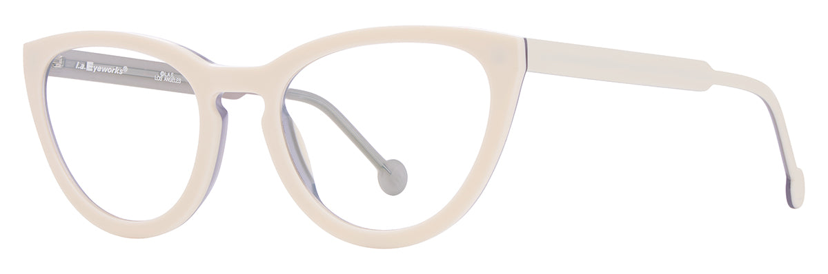 L.A. Eyeworks Corn Nut cat-eye eyeglasses handmade in Japan, featuring thick, cream-colored HD acetate frames and translucent light purple temples.