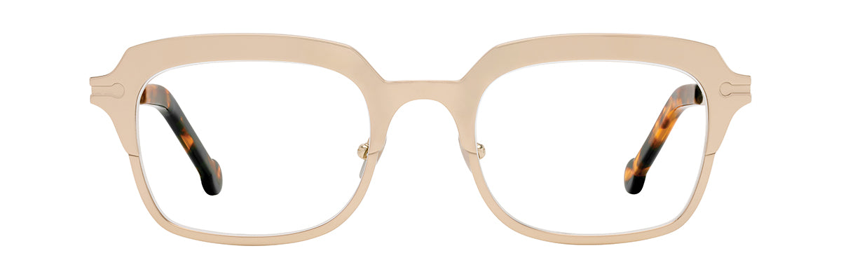 Beige L.A. Eyeworks Wiltern rectangular eyeglasses with a structured titanium frame and tortoiseshell-patterned temple tips, featuring precision sculpting.