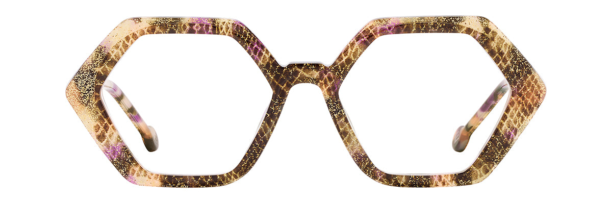 Handmade in Japan, these hexagonal L.A. Eyeworks Buttercake acetate eyeglasses feature a brown and purple snakeskin pattern with gold glitter accents.