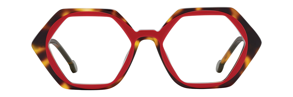 Hexagonal L.A. Eyeworks Buttercake eyeglasses featuring a red inner rim and a brown tortoiseshell acetate outer frame.