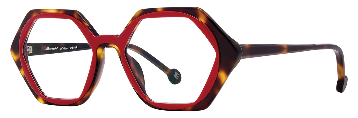 L.A. Eyeworks Buttercake hexagonal eyeglasses featuring a red inner rim set against a dark tortoiseshell acetate frame and temples.