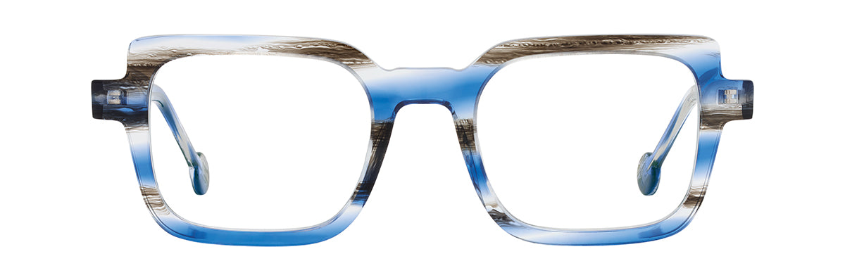 L.A. Eyeworks Klezmer square-framed HD acetate eyeglasses with a blue and brown horizontal-streaked pattern, handmade in Japan.