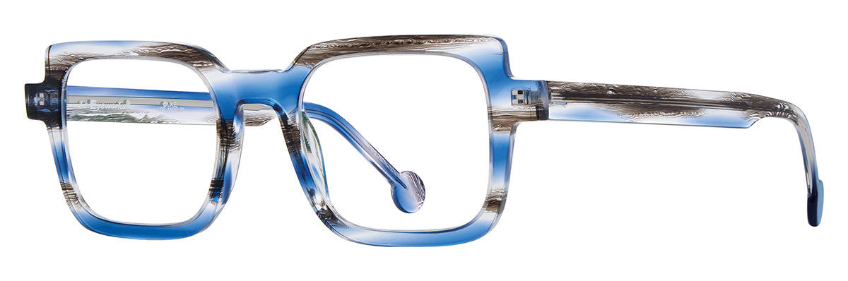 L.A. Eyeworks Klezmer square-framed compact eyewear in a blue and brown striped pattern, handmade in Japan.