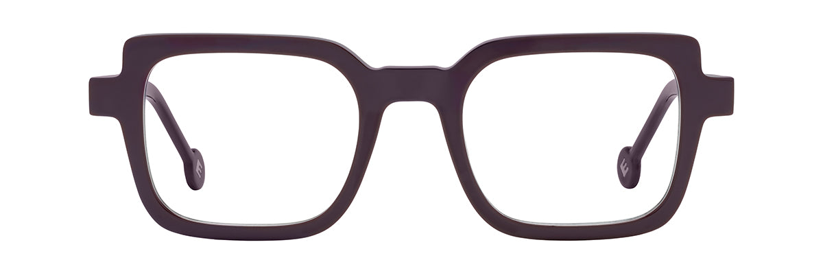 L.A. Eyeworks Klezmer deep purple HD acetate eyeglasses with a thick, squared-off frame handmade in Japan.