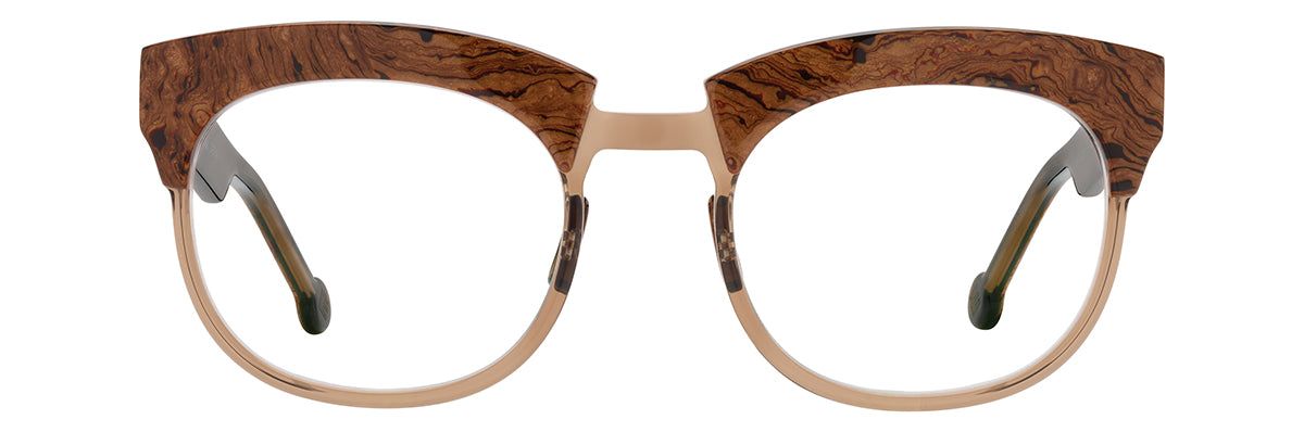 L.A. Eyeworks Giganticus handmade acetate eyeglasses featuring a brown wood-grain pattern on the upper rims and light brown lower rims.