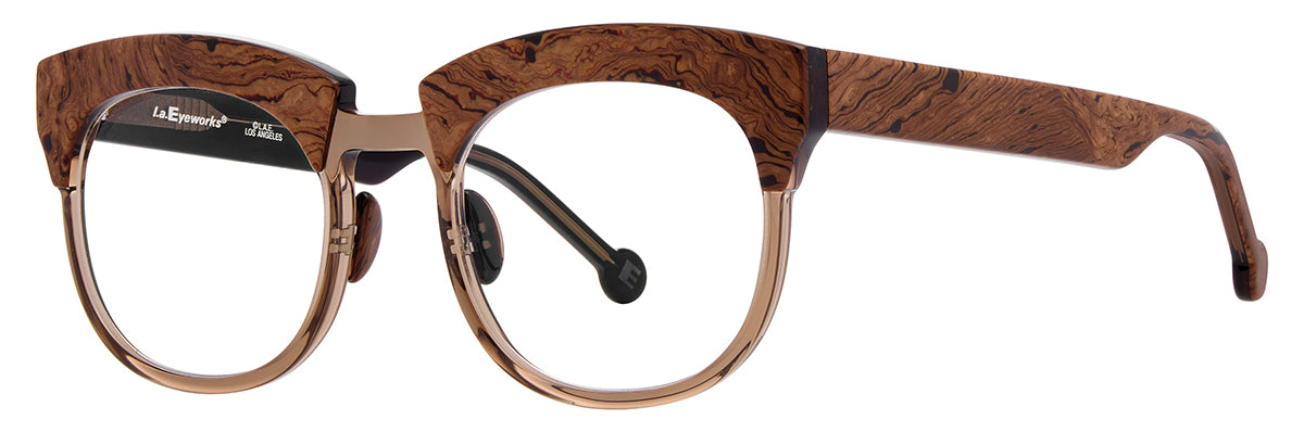 L.A. Eyeworks Giganticus eyeglasses featuring a brown wood-grain pattern on the chunky browline and temples, with translucent lower rims for a stylish look.