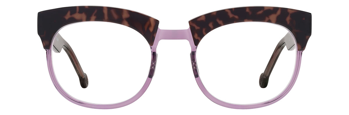L.A. Eyeworks Giganticus stylish, handmade acetate eyeglasses with dark tortoiseshell upper rims and translucent light purple lower rims.