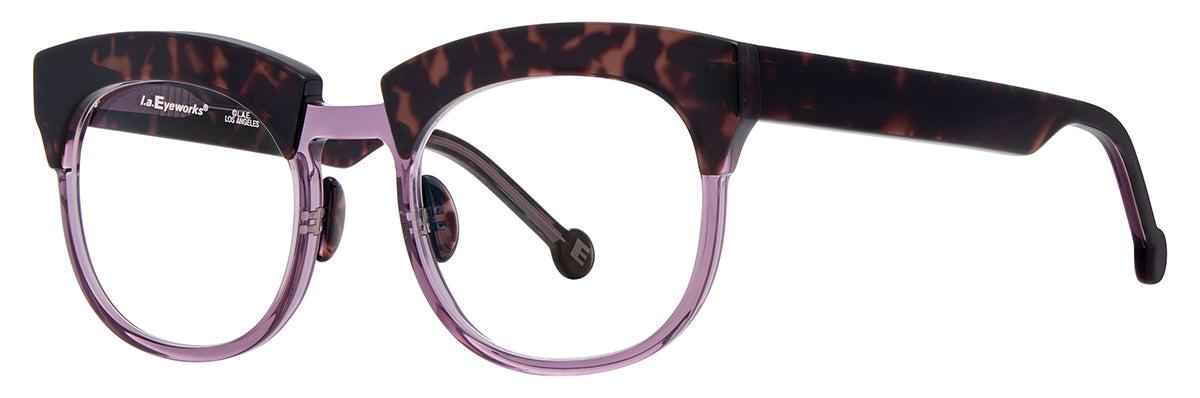 L.A. Eyeworks Giganticus handmade acetate browline eyeglasses featuring a brown tortoiseshell upper frame and translucent lavender lower rims.
