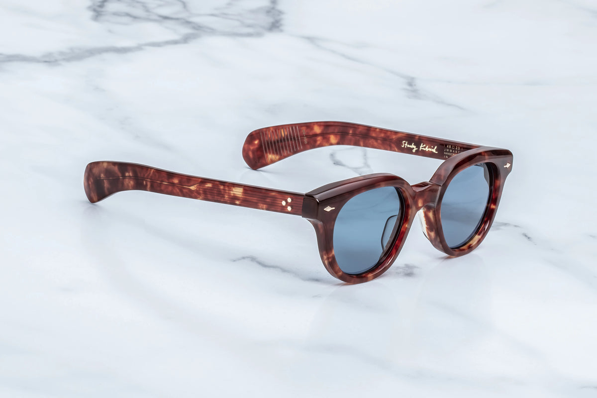 Jacques Marie Mage Stanley Kubrick by JMM: 1948 tortoiseshell-patterned acetate sunglasses with light blue lenses and silver hardware in a limited-edition cinematic tribute style.