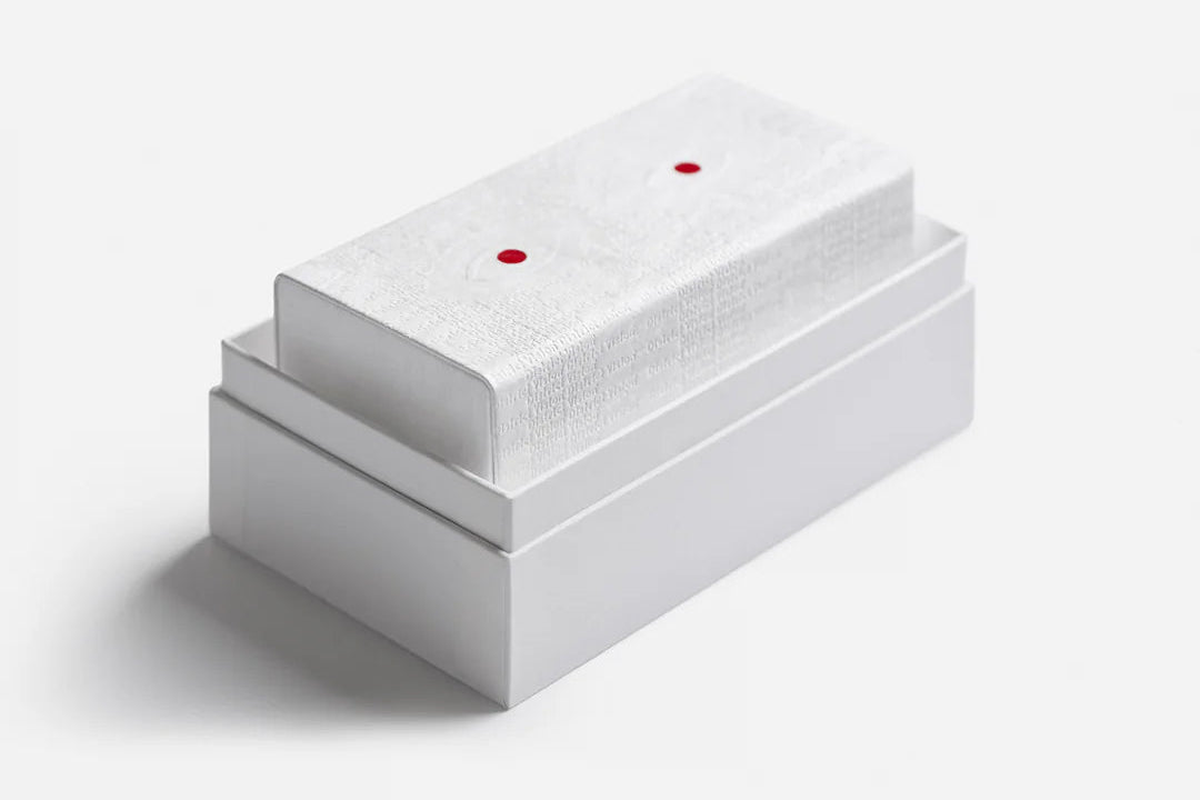 Two white rectangular boxes with red dots on a light gray background