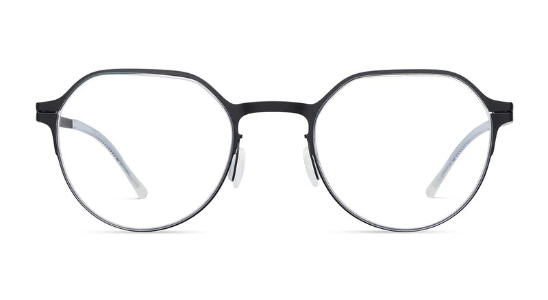 Oversized round eyeglasses with a matte black metal frame and clear lenses, shown against a plain white background.