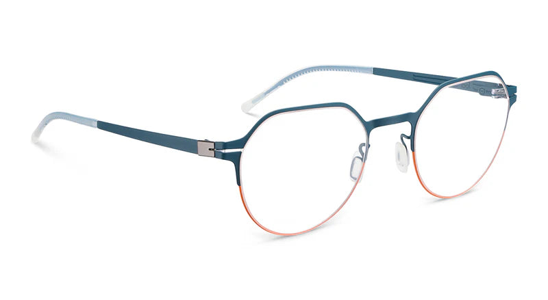 Blue and silver eyeglasses on a white background