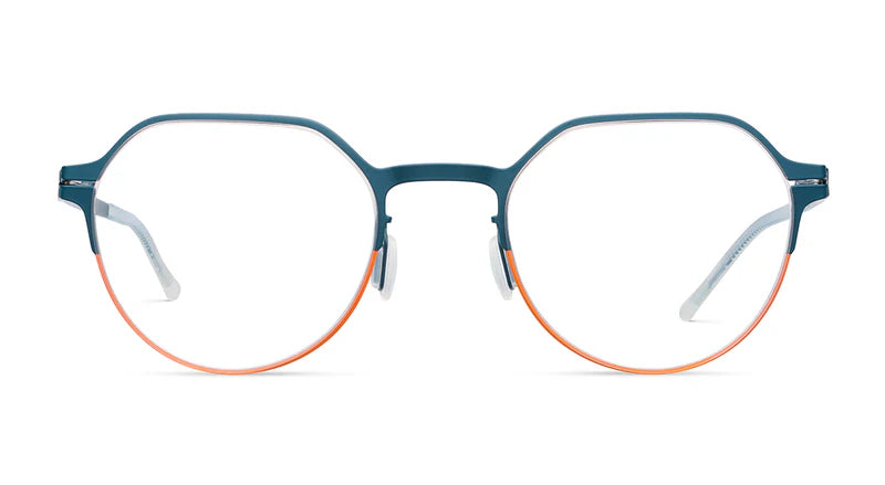 Eyeglasses with a blue and orange frame on a white background