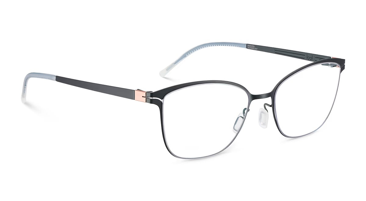 LOOL Dynara black cat-eye glasses with a lightweight design, thin metal frames, and rose gold accents at the screwless hinges.