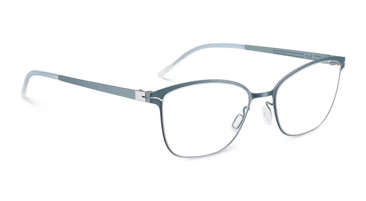 Gray metal lool Dynara eyeglasses with a lightweight, cat-eye frame shape and screwless hinges.